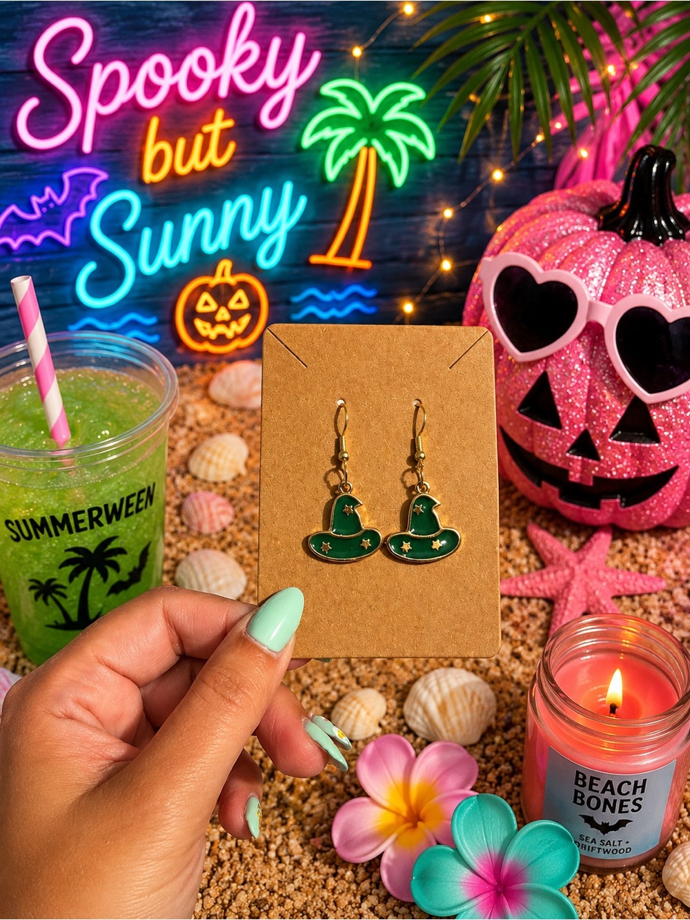Summerween Green Witch Hat Dangle Earrings